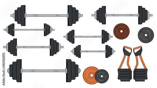Dumbbells and weight plates set with exercise handles on white background