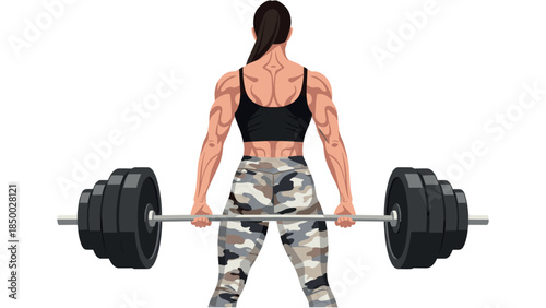 Fitness motivation: woman weightlifting with heavy barbell in athletic gear