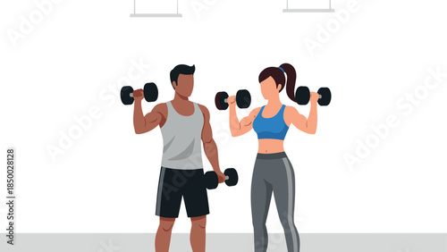 Fit couple lifting dumbbells in modern gym setting