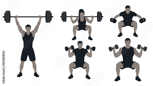Silhouette fitness icons: diverse weightlifting and workout poses for exercise inspiration