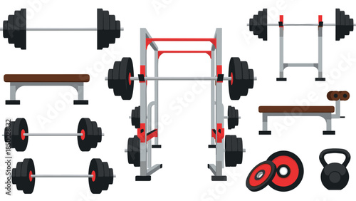 Comprehensive gym equipment set with barbells, weight plates, and benches in flat style