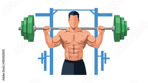 Flat style gym athlete lifting weights at squat rack with green dumbbells