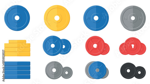 Colorful gym weight plates set on white background for fitness training inspiration