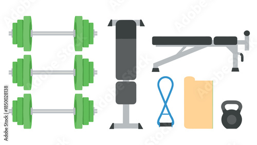 Home gym equipment set in flat design: dumbbells, bench, kettlebell, and resistance band