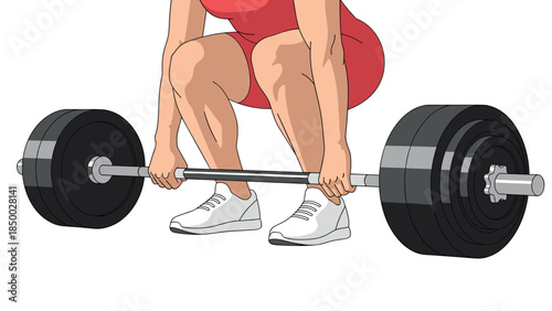 Woman lifting barbell in red outfit with white sneakers on a white background