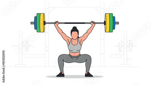 Woman weightlifting in gym with colorful barbell on squat rack in minimalist style