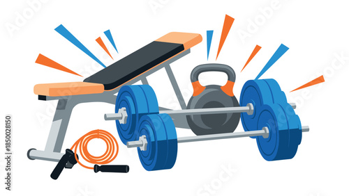 Colorful gym equipment set with dumbbells and kettlebell