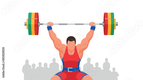 Dynamic weightlifter lifting colorful barbell in competition