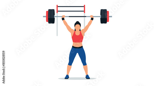 Strong female athlete lifting barbell in flat design on white background
