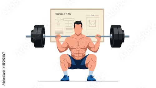 Bodybuilder squatting heavy weights in gym with workout plan