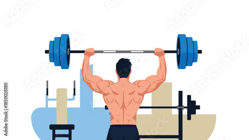 Bodybuilder weightlifting in gym: strongman training with barbells and weights