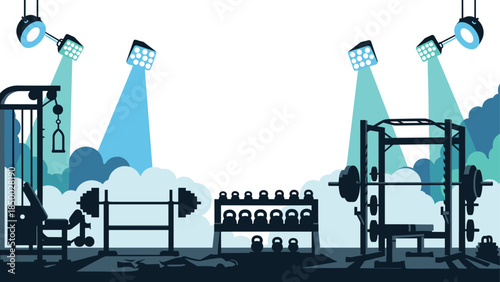 Stylish gym equipment in modern fitness studio with dramatic lighting and bold silhouette design