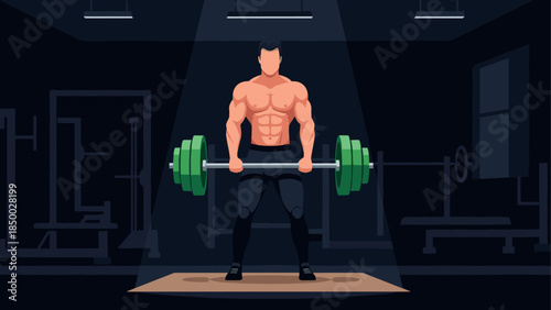 Muscular man lifting weights in dark gym with focused lighting