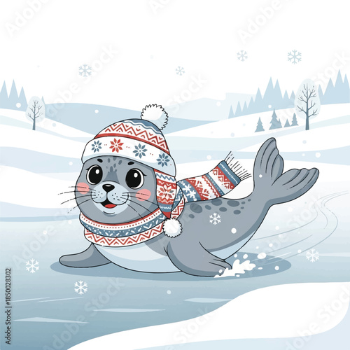 Cartoon seal wearing winter clothing playing on icy landscape with snowy trees in the background