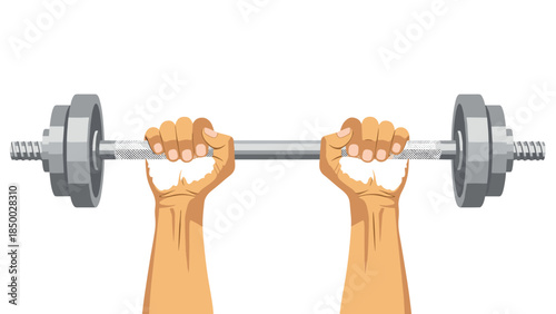 Hands holding barbell in colorful flat design for fitness and strength training