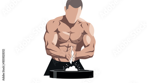 Athlete preparing for workout with chalk: strong muscular figure