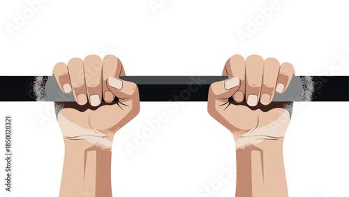 Hands gripping gymnastic bar with chalk for exercise and fitness