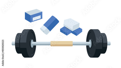 Gym equipment and erasers: fitness and stationery in isometric design