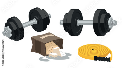Fitness equipment: dumbbells, protein powder, and resistance band in flat design