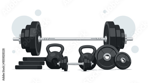 Fitness equipment set: dumbbells, barbells, and kettlebells in monochrome flat style