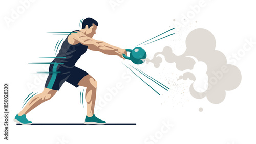 Dynamic kettlebell workout with energetic effects and motion lines