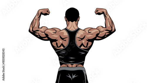 Muscular man flexing back muscles in athletic wear