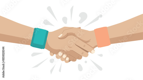 Diverse flat style handshake with colorful wristbands symbolizing partnership and collaboration