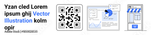 Digital marketing, e-commerce, analytics, business growth, online shopping, data visualization. QR code, analytics dashboard storefront. E-commerce and digital marketing