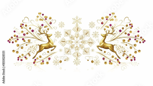 Golden Reindeer Leaping Amidst Floral Decorations and Snowflakes in Symmetrical Illustration