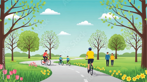People cycling and walking on a scenic park pathway surrounded by trees and flowers on a sunny day