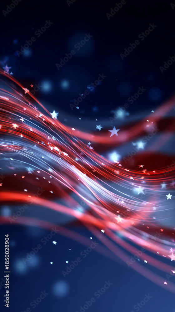 Fototapeta premium Vibrant Red White and Blue Starry Night Background with Glowing Lines and Sparkling Stars