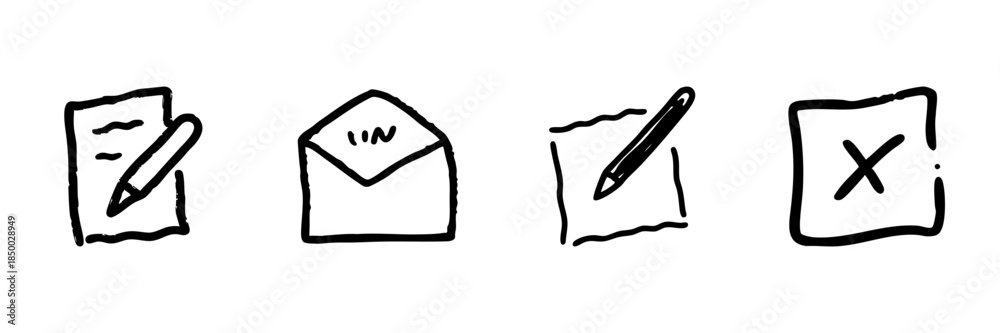 Obraz premium Document And Communication Icons Line Set In Doodle Style. Writing, Messaging, And Task Management Outline Sketch Collection. Hand Drawn Isolated Vector Illustration