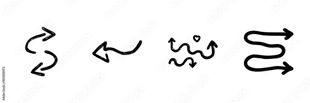 Fototapeta premium Curved Arrows Line Icon Set In Doodle Style. Directional Movement And Navigation Outline Sketch Collection. Pathfinding And Decision-Making Symbols. Hand Drawn Isolated Vector Illustration