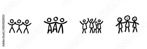 Stick Figure Group Line Icon Set In Doodle Style. Teamwork, Community, And Social Connection Outline Sketch Collection. Collaboration And Unity Symbols. Hand Drawn Isolated Vector Illustration