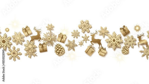 A collection of gold Christmas decorations scattered across a festive background viewed from directly above