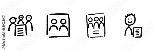 Group Presentation And Profile Line Icon Set In Doodle Style. Team Collaboration, Profile Management, And Individual Presentation Outline Sketch Collection. Hand Drawn Isolated Vector Illustration
