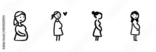 Pregnant Women Line Icon Set In Doodle Style. Maternity, Expecting Mothers, And Prenatal Care Outline Sketch Collection. Hand Drawn Isolated Vector Illustration