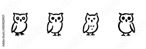 Four Owl Line Icons In Doodle Style. Wisdom, Knowledge, And Nocturnal Animal Representation Outline Sketch Collection. Hand Drawn Isolated Vector Illustration