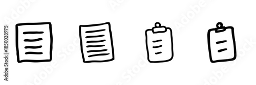 Documents And Clipboard Line Icon Set In Doodle Style. Office Organization, Task Management, And Note Taking Outline Sketch Collection. Hand Drawn Isolated Vector Illustration