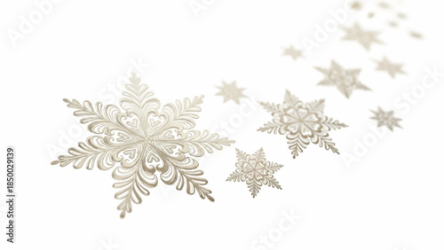 Intricate snowflakes gently falling from the sky, a serene winter scene captured from a direct viewpoint