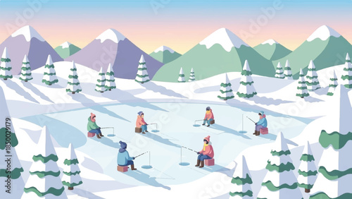 Skiers enjoying a serene winter landscape surrounded by snowy mountains and trees