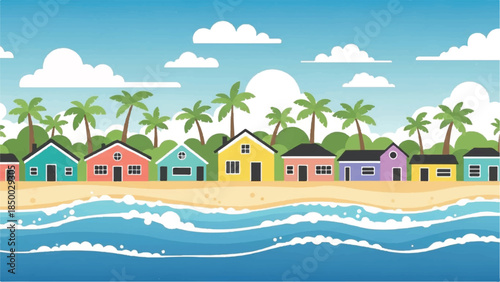 Colorful beach houses with palm trees along the shoreline viewed from the ocean