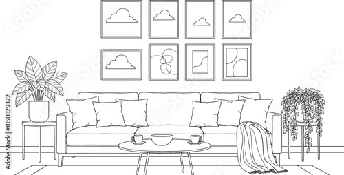 Architectural line art sketch of a modern living room featuring a sofa, coffee table, and organized gallery wall