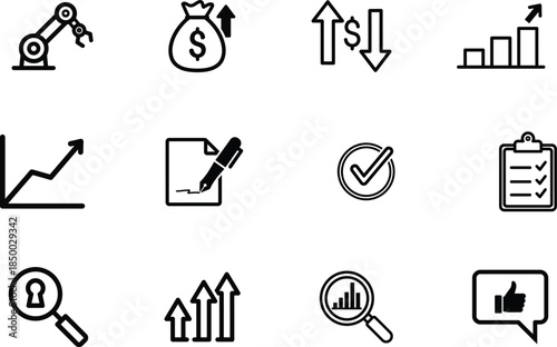 Black line icons for business and finance concepts  various symbols
