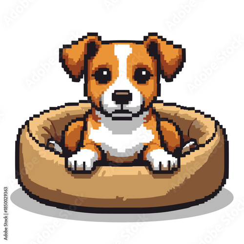 Pixel Art Cute Puppy Dog in Bed.