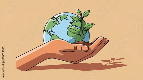 A hand holding the earth with a small plant growing out of it, symbolizing environmental conservation