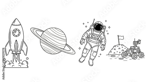 Collection of space exploration icons including a rocket, planet, astronaut, lunar rover, and moon