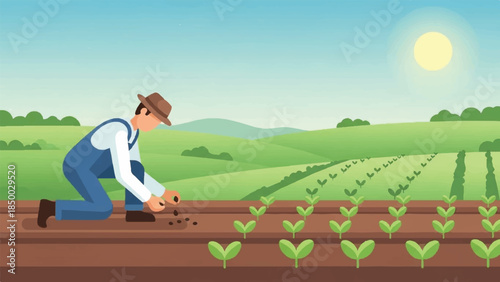 Farmer planting young plants in a field on a sunny day