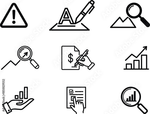 Business finance and analysis icons set with graphs and documents