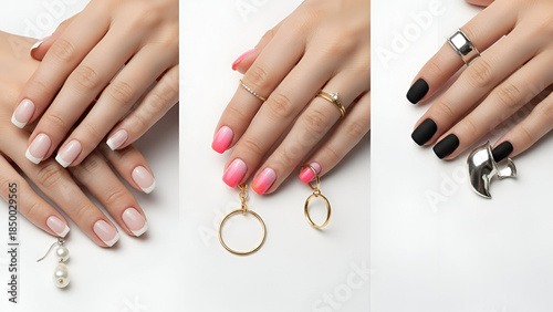 Elegant hands display a variety of manicured nail styles, from soft nude and bold red to matte black finishes.
Delicate rings and earrings add a touch of luxury, highlighting modern beauty and fashion